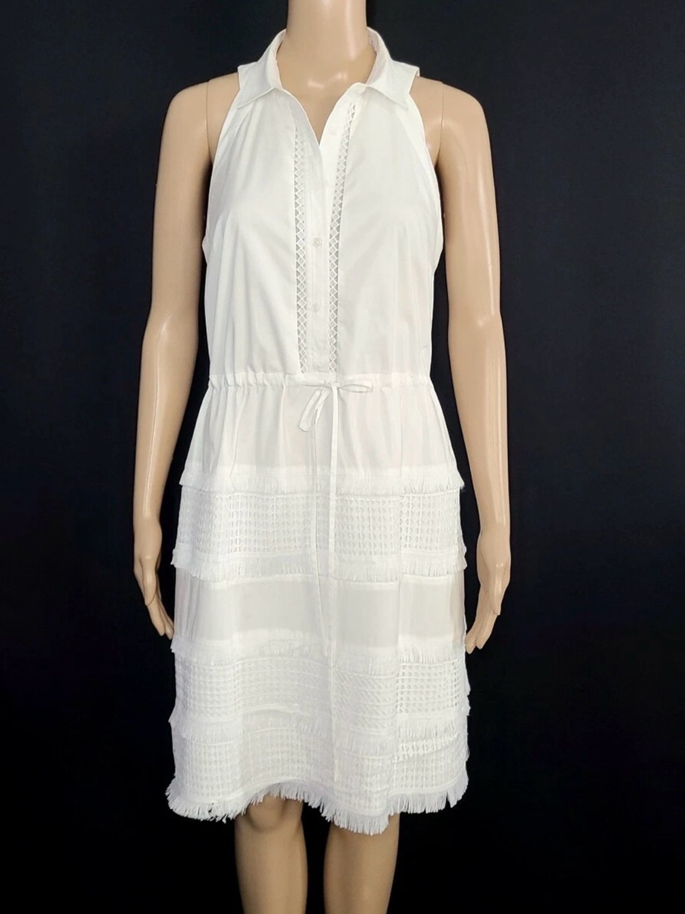 BANANA REPUBLIC White Sleeveless Lace Insert Fringe Shirt Dress Sz XS Petite - Picture 2 of 8
